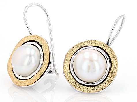 Pre-Owned White Cultured Freshwater Pearl Sterling Silver & 14k Yellow Gold Over Silver Two-Tone Ear
