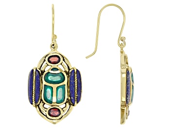 Picture of Pre-Owned Lapis Lazuli, Onyx & Garnet 18k Yellow Gold Over Brass Earrings 0.98ctw