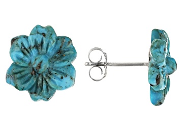 Picture of Pre-Owned Flower Carved Blue Turquoise Sterling Silver Stud Earrings