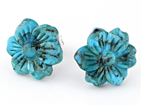 Pre-Owned Flower Carved Blue Turquoise Sterling Silver Stud Earrings