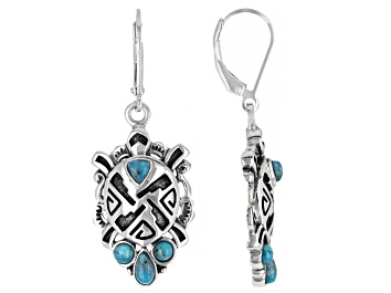 Picture of Pre-Owned Blue Turquoise Rhodium Over Sterling Silver Turtle Earrings