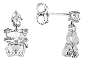 Pre-Owned White Zircon Rhodium Over Sterling Silver Dangle Cat Earrings 0.29ctw