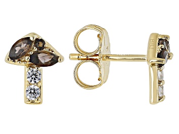 Picture of Pre-Owned Brown Smoky Quartz with White Zircon 18k Yellow Gold Over Sterling Silver Mushroom Earring