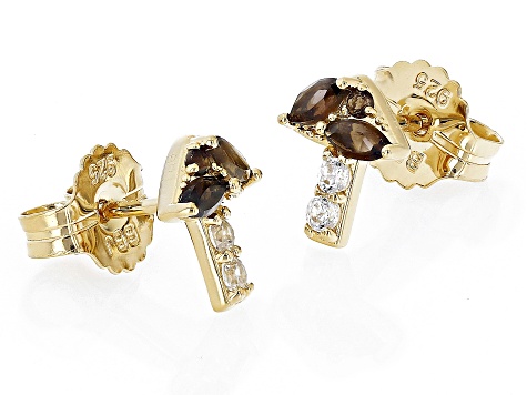 Pre-Owned Brown Smoky Quartz with White Zircon 18k Yellow Gold Over Sterling Silver Mushroom Earring