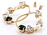 Pre-Owned Pink, Emerald & Peridot Color Crystal With Pearl Simulant Gold Tone Set of 3 Earrings