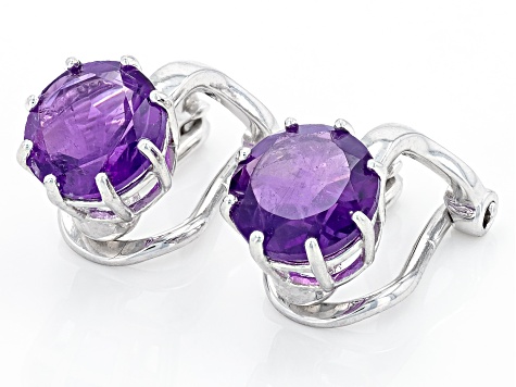 Pre-Owned Purple African Amethyst Rhodium Over Sterling Silver February Birthstone Clip-On Earrings