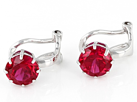 Pre-Owned Red Lab Created Ruby Rhodium Over Sterling Silver July Birthstone Clip-On Earrings 3.06ctw