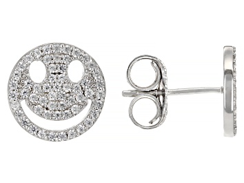 Picture of Pre-Owned White Lab Created Sapphire Rhodium Over Sterling Silver Children's Smiley Face Stud Earrin
