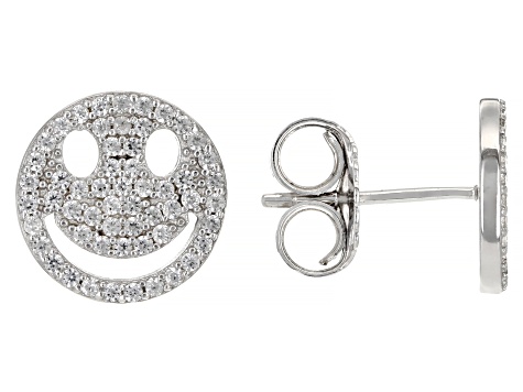Pre-Owned White Lab Created Sapphire Rhodium Over Sterling Silver Children's Smiley Face Stud Earrin