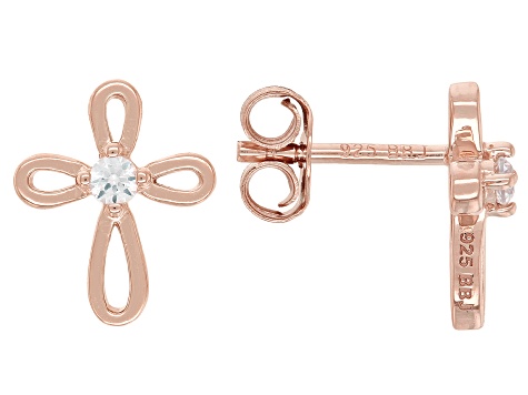 Pre-Owned White Lab Created Sapphire 18k Rose Gold Over Sterling Silver Children's Cross Stud Earrin