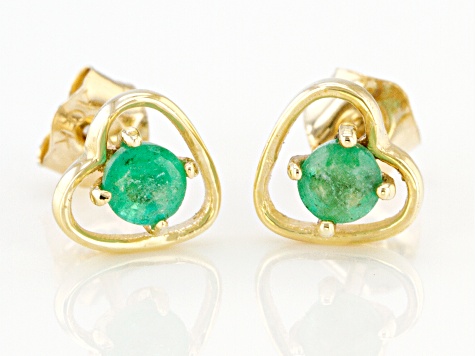 Pre-Owned Green Sakota Emerald Childrens 10k Yellow Gold Heart Stud Earrings  .20ctw