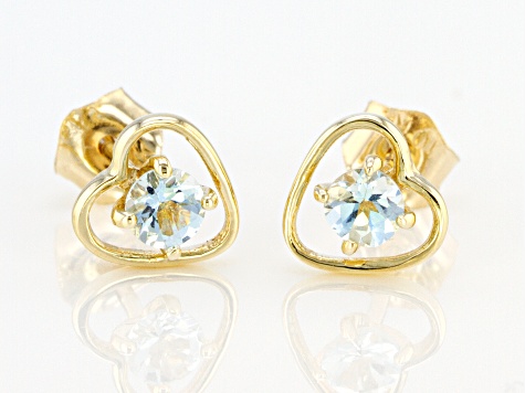 Pre-Owned Blue Aquamarine Childrens 10k Yellow Gold Heart Stud Earrings .22ctw