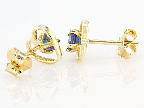Pre-Owned Blue Lab Created Alexandrite Childrens 10k Yellow Gold Heart Stud Earrings .22ctw