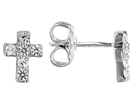 Pre-Owned White Lab Created Sapphire Rhodium Over Silver Childrens Cross Earrings .20ctw