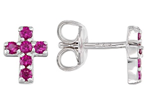 Pre-Owned Red Lab Created Ruby Rhodium Over Sterling Silver Childrens Cross Earrings .30ctw