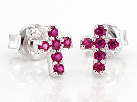 Pre-Owned Red Lab Created Ruby Rhodium Over Sterling Silver Childrens Cross Earrings .30ctw