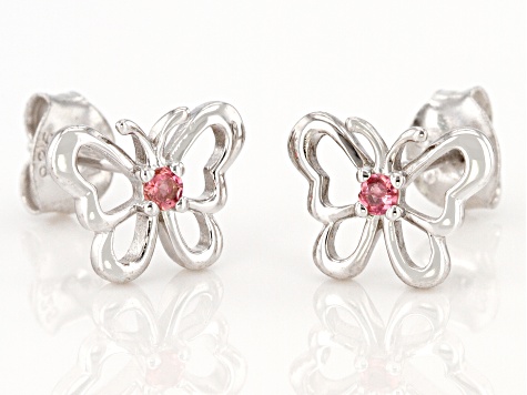 Pre-Owned Pink Tourmaline Rhodium Over Sterling Silver Childrens Butterfly Stud Earrings .08ctw
