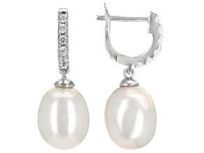Pre-Owned White Cultured Freshwater Pearl & Cubic Zirconia Rhodium Over Sterling Silver Earrings