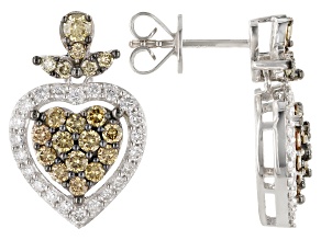 Pre-Owned Champagne And White Lab-Grown Diamond 14k White Gold Heart Cluster Earrings 1.49ctw