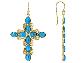 Picture of Pre-Owned Blue Turquoise 18k Yellow Gold Over Sterling Silver Cross Earrings