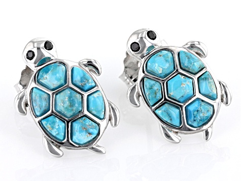 Pre-Owned Blue Turquoise Rhodium Over Sterling Silver Turtle Earrings