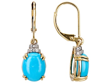 Picture of Pre-Owned Blue Sleeping Beauty Turquoise With Diamond 14k Yellow Gold Earrings 0.08ctw