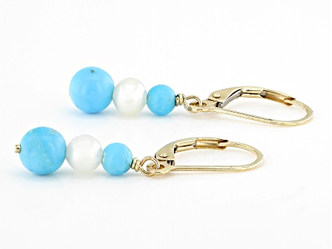 Pre-Owned Blue Sleeping Beauty Turquoise With Cultured Freshwater Pearl 10k Yellow Gold Earrings