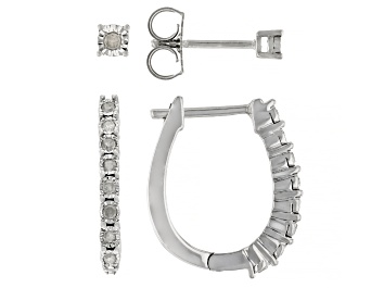 Picture of Pre-Owned White Diamond Rhodium Over Sterling Silver Stud And Huggie Earring Set 0.15ctw