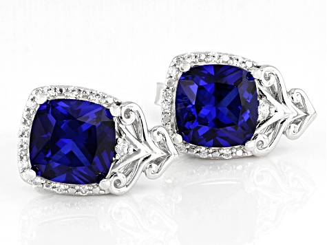 Pre-Owned Blue Lab Created Sapphire Rhodium Over Silver Earrings 4.71ctw