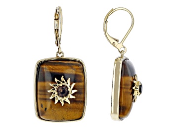 Picture of Pre-Owned Tigers Eye and Smoky Quartz 18k Yellow Gold Over Brass Sun Earrings 0.41ctw