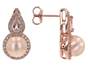 Pre-Owned Peach Cultured Freshwater Pearl With Morganite & Zircon 18k Rose Gold Over Silver Earrings