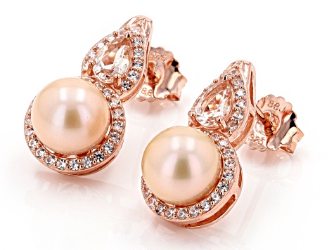 Pre-Owned Peach Cultured Freshwater Pearl With Morganite & Zircon 18k Rose Gold Over Silver Earrings