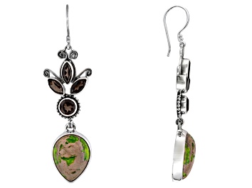 Picture of Pre-Owned Womens Dangle Earrings Green Imperial Jasper Brown Smoky Quartz Silver