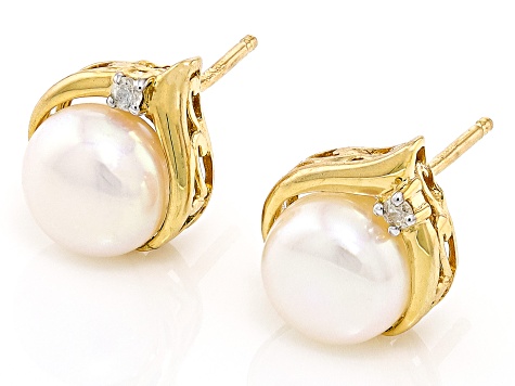 Pre-Owned White Cultured Freshwater Pearl with 0.03ctw Diamond Accent 10k Yellow Gold Earrings