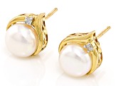 Pre-Owned White Cultured Freshwater Pearl with 0.03ctw Diamond Accent 10k Yellow Gold Earrings
