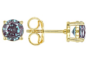 Pre-Owned Green Lab Created Alexandrite 18k Yellow Gold Over Silver June Birthstone Stud Earrings 1.