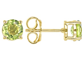 Pre-Owned Green Manchurian Peridot(TM) 18k Yellow Gold Over Silver August Birthstone Stud Earrings 1