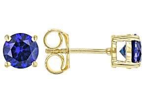 Pre-Owned Blue Lab Created Sapphire 18k Yellow Gold Over Silver September Birthstone Stud Earrings 1