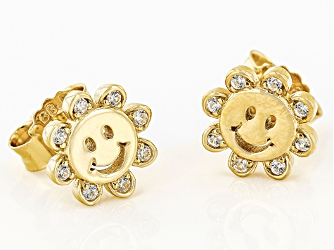 Pre-Owned White Zircon 18k Yellow Gold Over Sterling Silver Sun Childrens Earrings 0.10ctw