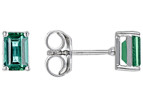 Pre-Owned Green Lab Emerald Rhodium Over Sterling Silver May Birthstone Earrings 0.85ctw