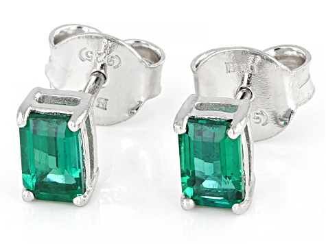 Pre-Owned Green Lab Emerald Rhodium Over Sterling Silver May Birthstone Earrings 0.85ctw