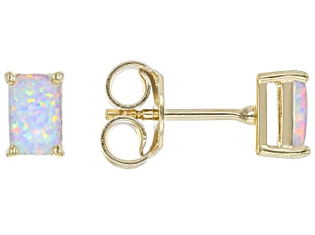 Picture of Pre-Owned Multi Color Lab Created Opal 18k Yellow Gold Over  Silver October Birthstone Earrings 0.22