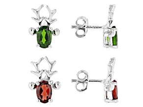 Pre-Owned Red Garnet & Green Chrome Diopside Rhodium Over Silver Childrens Reindeer Earring Set 2.12