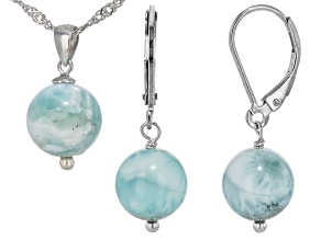Pre-Owned Blue Larimar Rhodium Over Sterling Silver Earrings And Pendant With Chain