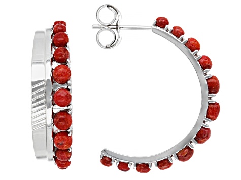 Pre-Owned Sponge Red Coral Rhodium Over Sterling Silver Hoop Earrings