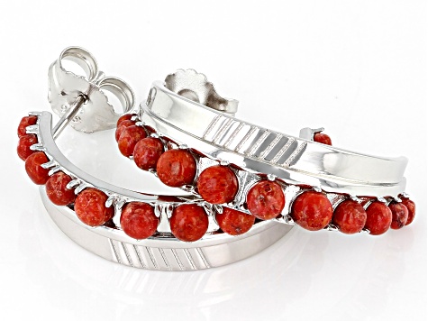 Pre-Owned Sponge Red Coral Rhodium Over Sterling Silver Hoop Earrings