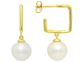 Pre-Owned White Cultured Freshwater Pearl 18k Yellow Gold Over Sterling Silver Earrings