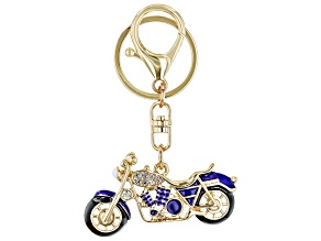 Pre-Owned White Crystal Gold Tone Blue Motorcycle Key Chain