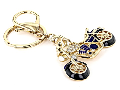 Pre-Owned White Crystal Gold Tone Blue Motorcycle Key Chain