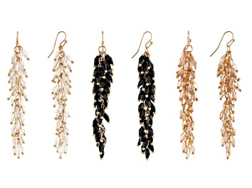 Picture of Pre-Owned Gold Tone Set of 3 Black, Clear, and Champagne Beaded Earrings